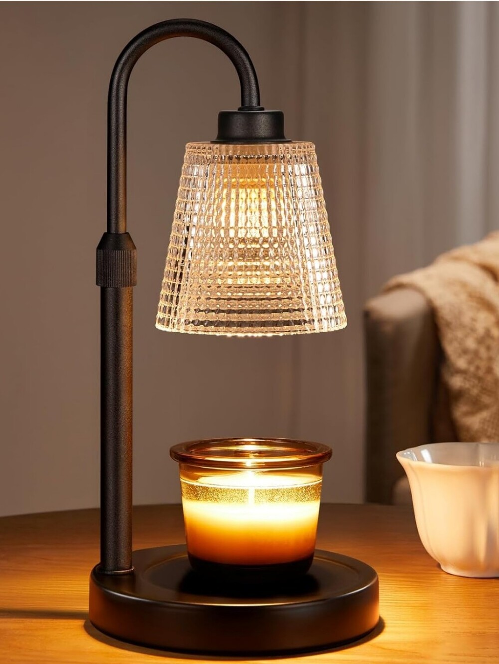 Black Candle Warmer Lamp with Clear Textured Glass Shade